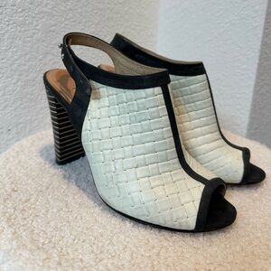 L’AGENCE Woven Leather Peep Toe Block Heels Shoes Mules Sling Back, Women’s 6